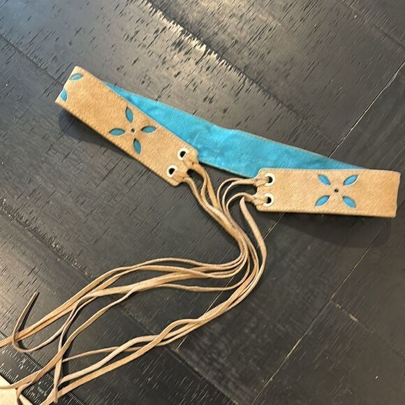Vintage Tassel Genuine Leather Perforated Tan Brown Turquoise Western Boho Belt  main image 14
